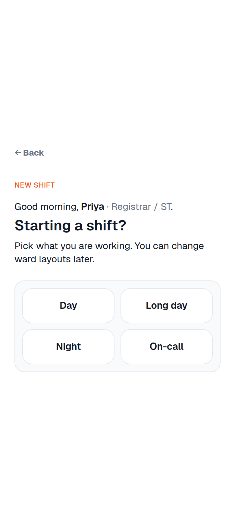 Start shift screen in Handover