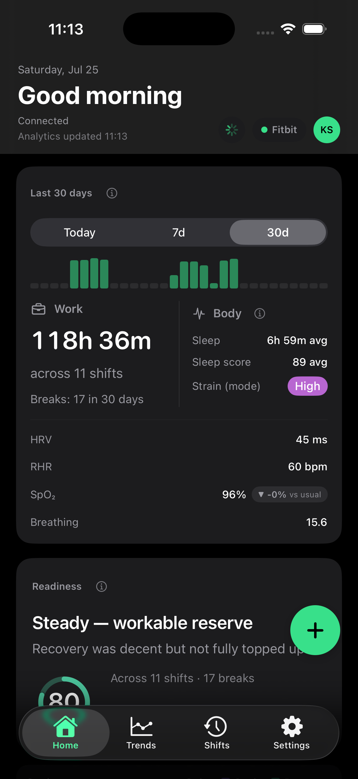 The Vitals home screen, hours worked logged next to the body's numbers.